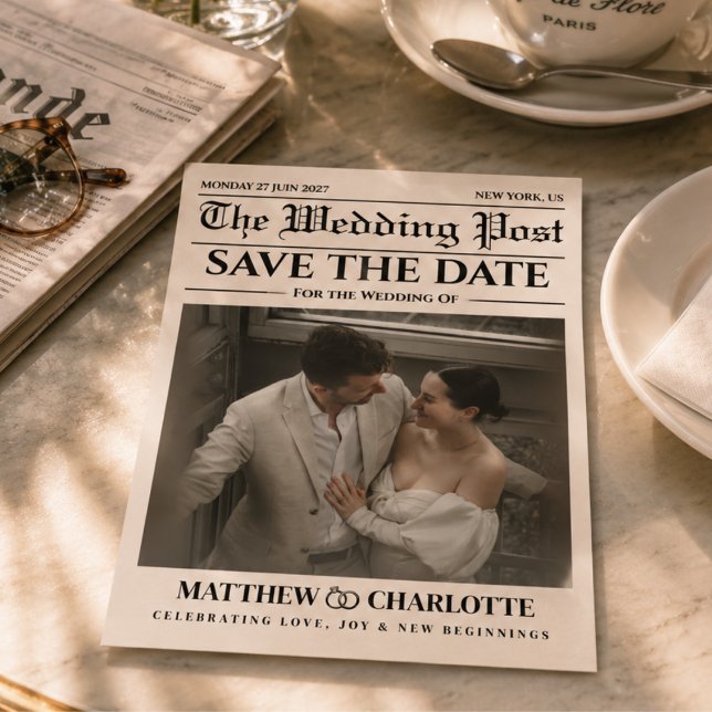 Newspaper Save the Date Wedding Beige Card (vintage newspaper wedding save the date cards minimalist modern unique fun classic retro)