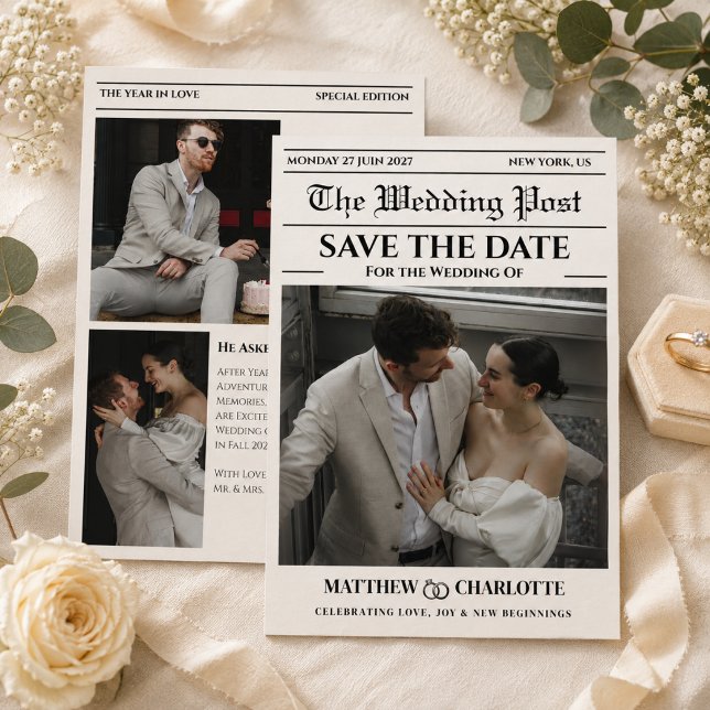 Newspaper Save the Date Wedding Beige Card (Creator Uploaded)