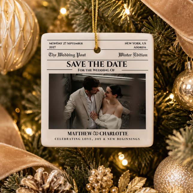 Newspaper Save the Date Wedding Beige  Ceramic Ornament (Newspaper Save the Date)