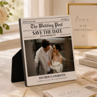 Newspaper Save the Date Wedding Beige Photo