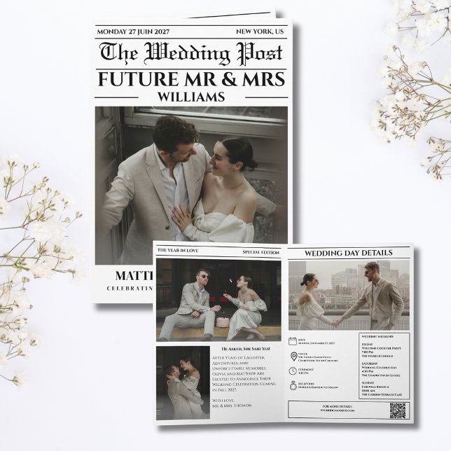 Newspaper Save the Date Wedding Card (Newspaper Wedding Save The Date unique black and white modern couple vintage retro elegante )