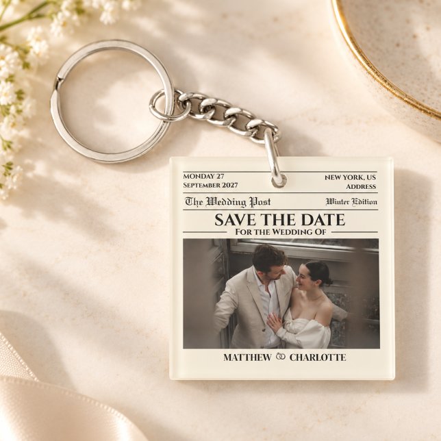 Newspaper Save the Date Wedding Ivory Key Ring (Creator Uploaded)