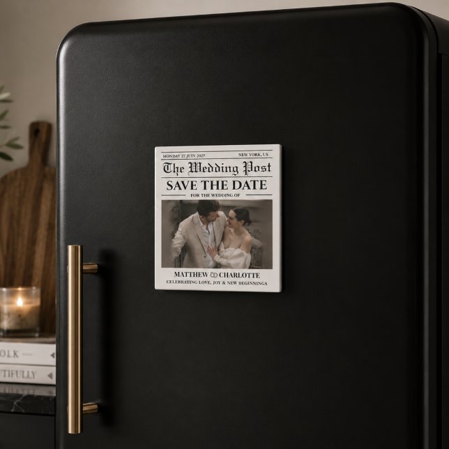 Newspaper Save the Date Wedding  Magnet (save the date wedding magnets elegant modern black and white classic classy)