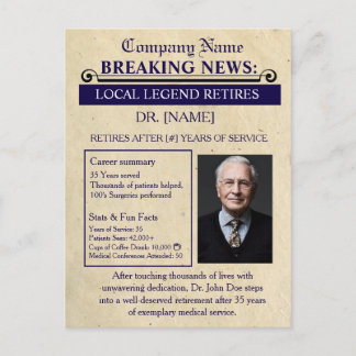 Newspaper Style Doctor Retirement Card | Custom