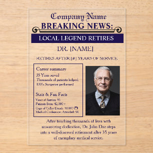 Newspaper Style Doctor Retirement Card   Custom Acrylic Invitations