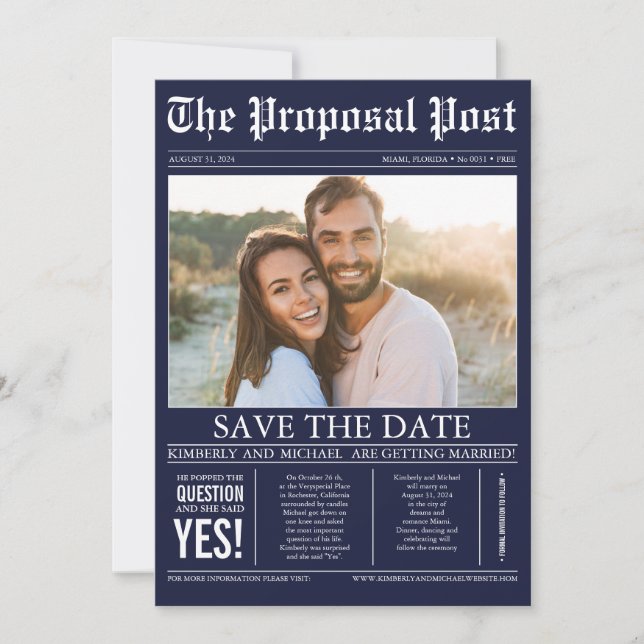 Newspaper Style Navy Blue Save the Date Photo (Front)