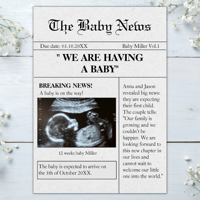 Newspaper Style Photo Funny Pregnancy Announcement (Newspaper pregnancy announcement sonogram ultrasound photo )