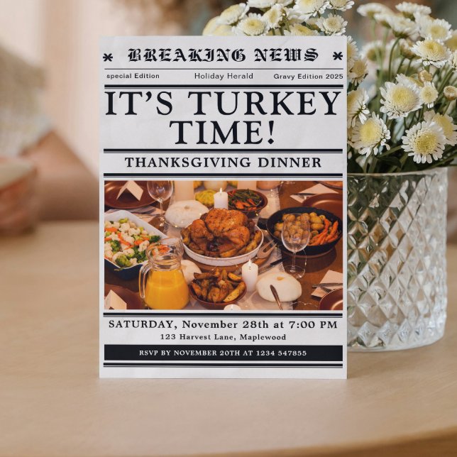 Newspaper Thanksgiving Dinner Fall  Invitation (newspaper invitations unique fun classic vintage black and white)
