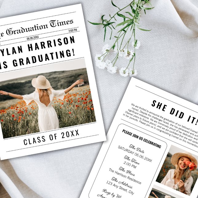 Newspaper Unique Class Of 2025 Graduation Invitation (newspaper graduation party invitation photo collage)