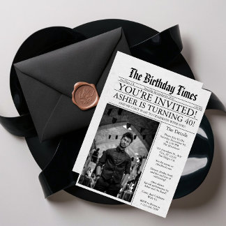 Newspaper Unique Fun 40th Birthday Photo Party  Invitation