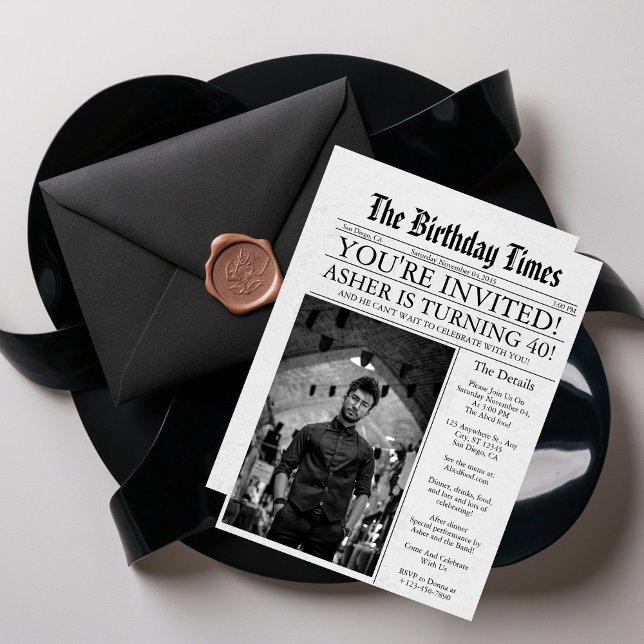 Newspaper Unique Fun 40th Birthday Photo Party  Invitation (Creator Uploaded)