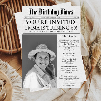 Newspaper Unique Fun 60th Birthday Photo Party  Invitation