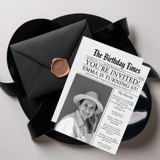 Newspaper Unique Fun 65th Birthday Photo Party  Invitation