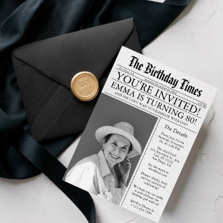 Newspaper Unique Fun 80th Birthday Photo Party Invitation
