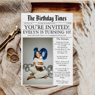Newspaper Unique Fun Photo 10th Birthday Party Invitation