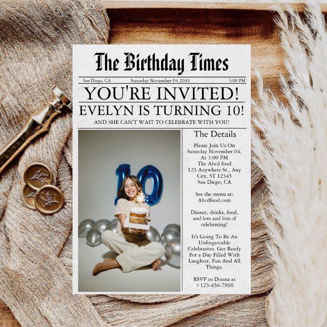 Newspaper Unique Fun Photo 10th Birthday Party Invitation (Creator Uploaded)