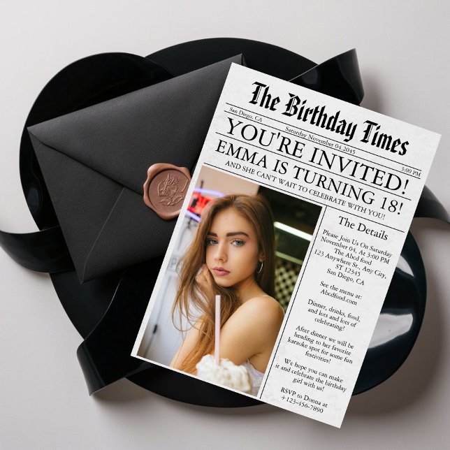 Newspaper Unique Fun Photo 18th Birthday Party Invitation (Creator Uploaded)