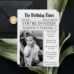 Newspaper Unique Fun Photo 1st Birthday Party Invitation