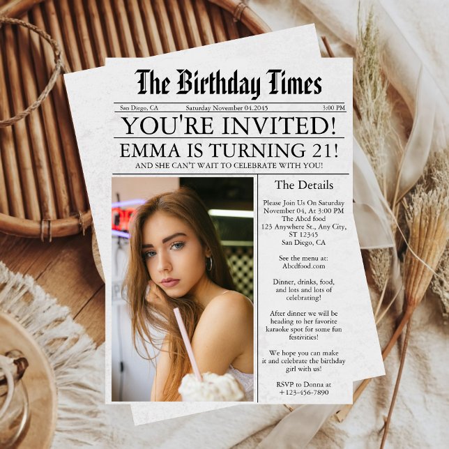Newspaper Unique Fun Photo 21st Birthday Party Invitation (Creator Uploaded)