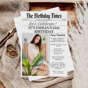 Newspaper Unique Fun Photo 21st Birthday Party Invitation
