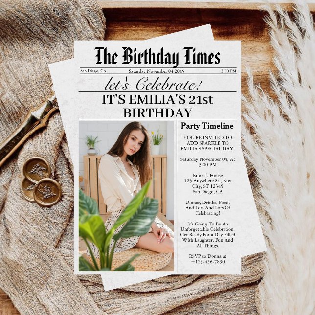 Newspaper Unique Fun Photo 21st Birthday Party Invitation (Creator Uploaded)