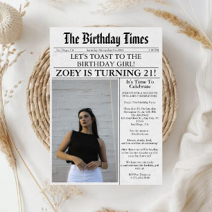 Newspaper Unique Fun Photo 21st Birthday Party Invitation