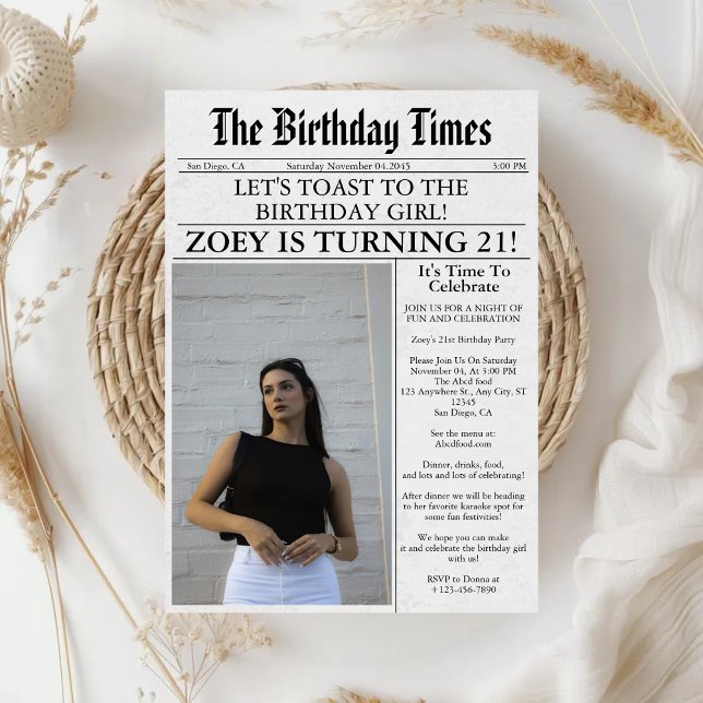 Newspaper Unique Fun Photo 21st Birthday Party  Invitation (Creator Uploaded)