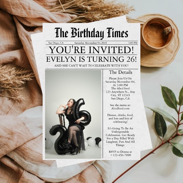 Newspaper Unique Fun Photo 26th Birthday Party Invitation (Creator Uploaded)
