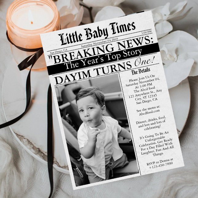 Newspaper Unique Fun Photo Boy 1st Birthday Party Invitation (Creator Uploaded)