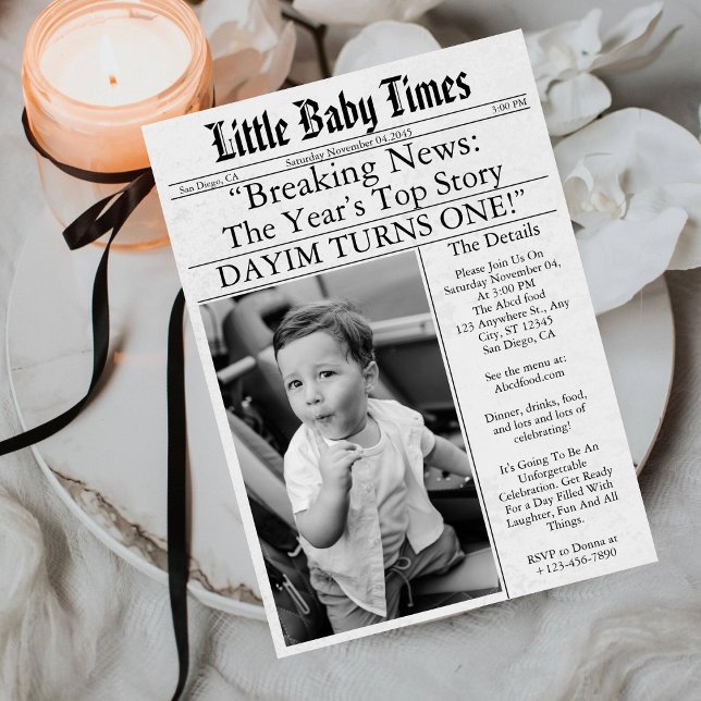 Newspaper Unique Fun Photo Boy 1st Birthday Party Invitation (Creator Uploaded)