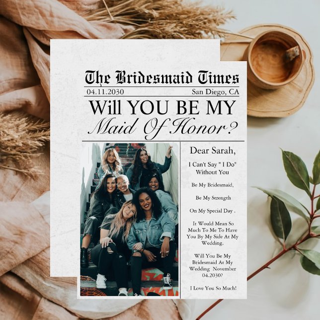 Newspaper Unique Fun Photo Maid of Honour Proposal Invitation (Creator Uploaded)