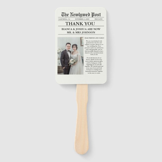 Newspaper Unique Photo Wedding Thank You  Hand Fan (Front)