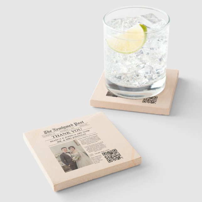 Newspaper Unique Photo Wedding Thank You  Stone Coaster (Side)