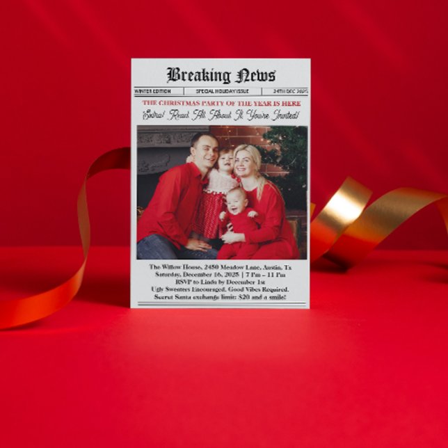 Newspaper Vintage Christmas Party Invitation ( newspaper Christmas Party Invitation secret santa white elephant exchange favorite things party)