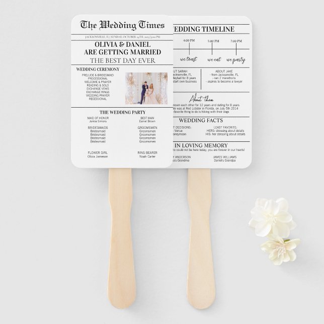 Newspaper Wedding Day Program Wedding Timeline Hand Fan (Front and Back)