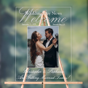 Newspaper Wedding Elegant Script 1 Photo Welcome Acrylic Sign
