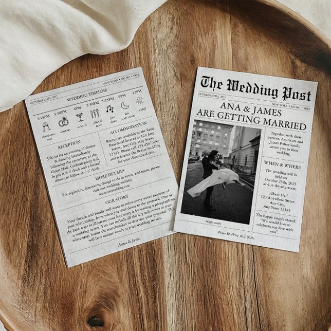 Newspaper Wedding Invitation Details Timeline Cute (Newspaper Wedding Invitation with Timeline)