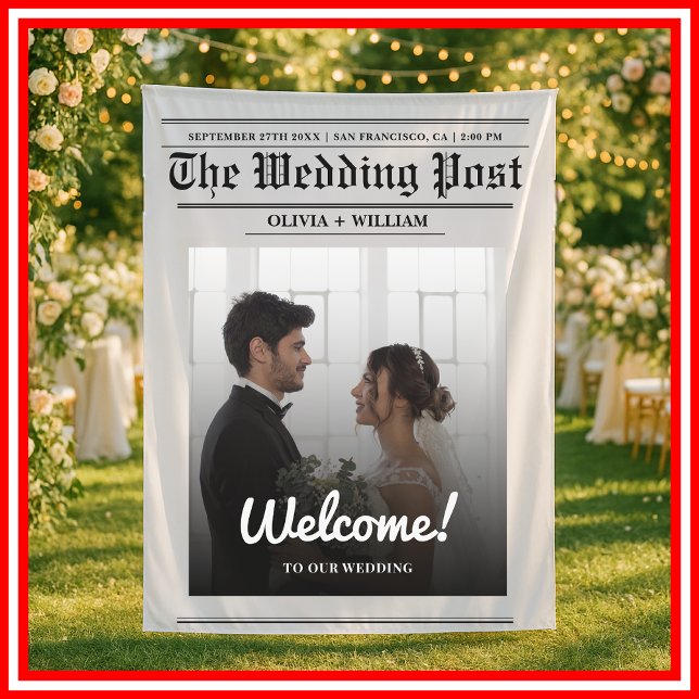 Newspaper Wedding Modern Elegant Welcome BACKDROP Tapestry (Creator Uploaded)