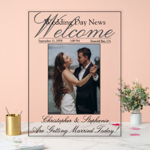 Newspaper Wedding Modern Minimal One Photo Welcome Acrylic Sign