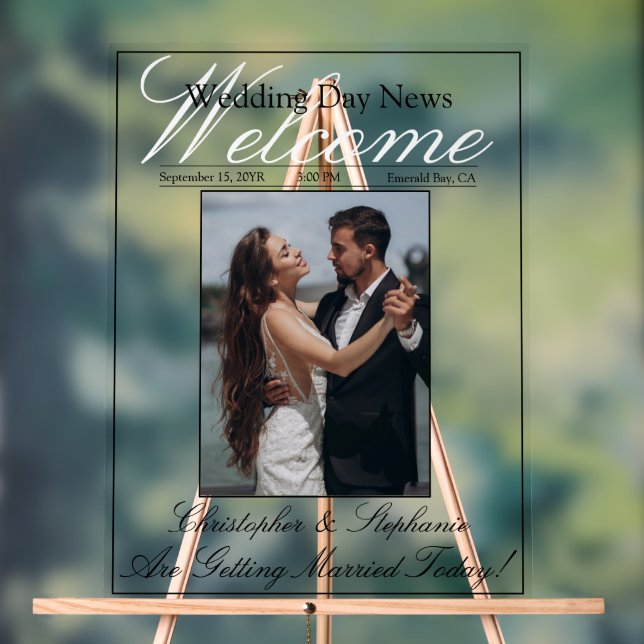 Newspaper Wedding Modern Script One Photo Welcome Acrylic Sign (Neutral)