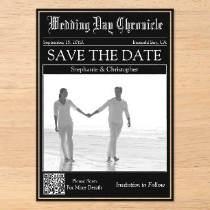 Newspaper Wedding QR code Acrylic Save the Date Invitations