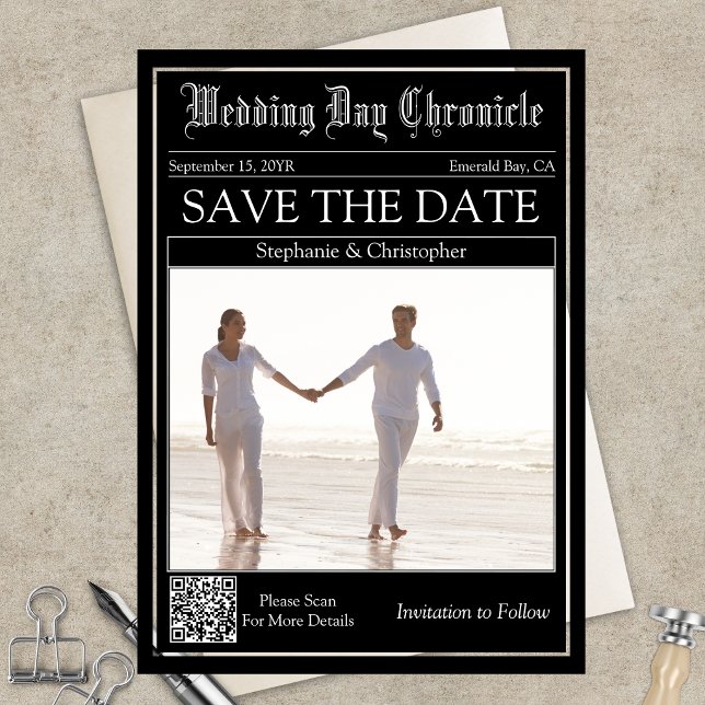 Newspaper Wedding QR Code Acrylic Save the Date Invitations (Elegant Black and White Newspaper Layout Acrylic QR code Save the Date)