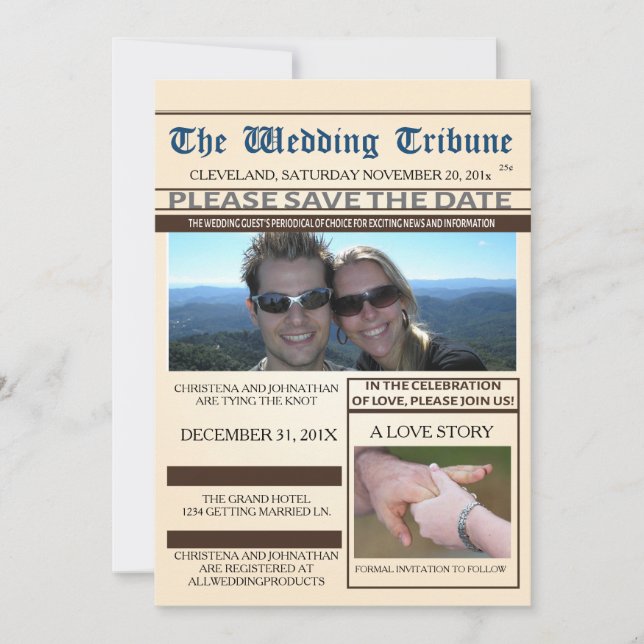 Newspaper Wedding Save The Date Announcement (Front)