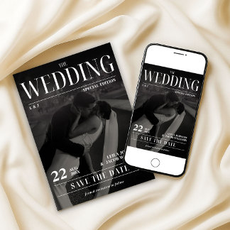 Newspaper Wedding Save the Date Modern Magazine Invitation