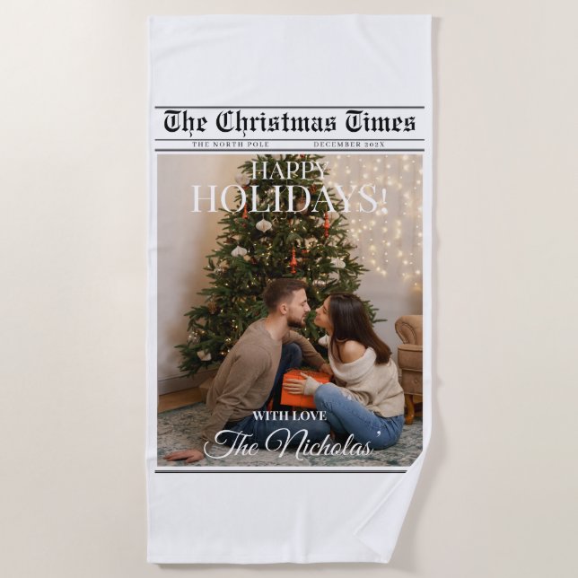 Newspaper What A Year Black White Photo Christmas Beach Towel (Front)