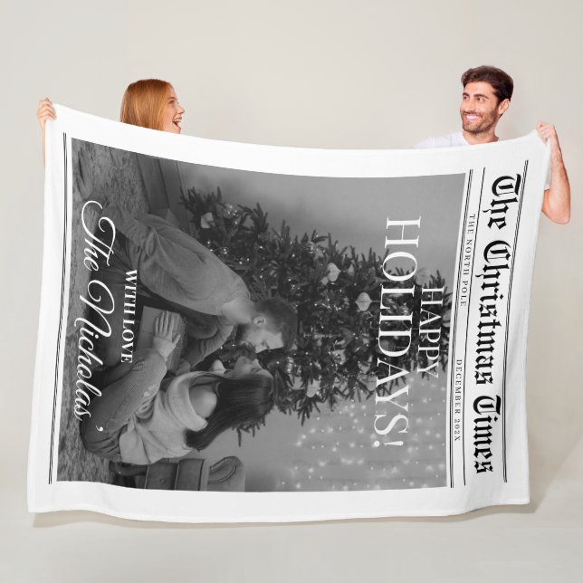 Newspaper What A Year Black White Photo Christmas Fleece Blanket (In Situ)