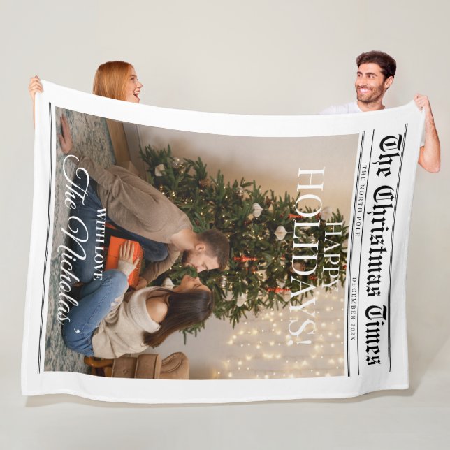 Newspaper What A Year Black White Photo Christmas Fleece Blanket (In Situ)