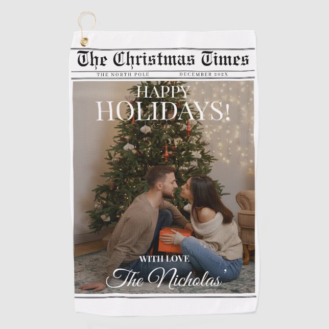Newspaper What A Year Black White Photo Christmas Golf Towel (Front)