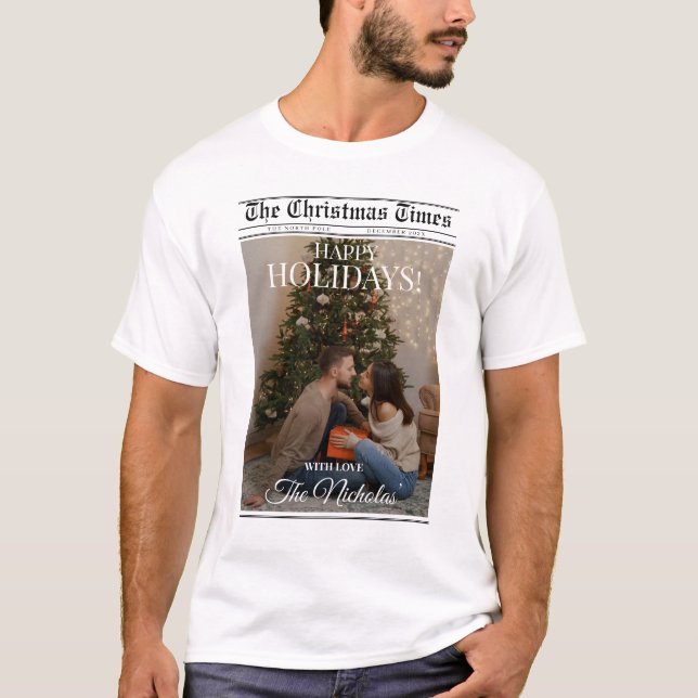 Newspaper What A Year Black White Photo Christmas T-Shirt (Front)