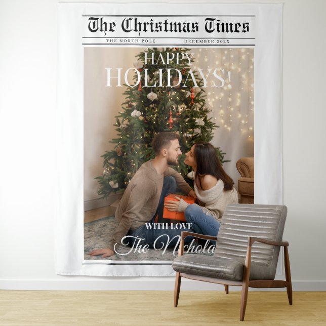 Newspaper What A Year Black White Photo Christmas Tapestry (In Situ)